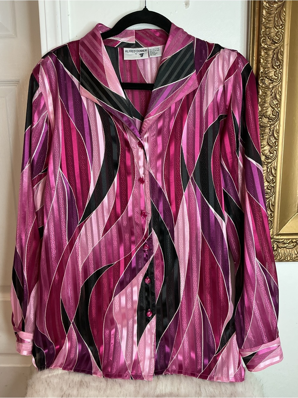 Alfred Dunner Pink & Black Satin Stripe Button-Down Blouse